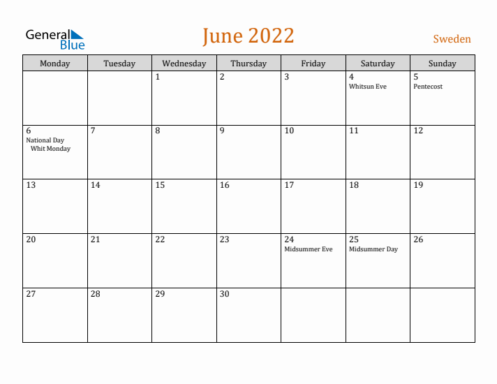 June 2022 Holiday Calendar with Monday Start