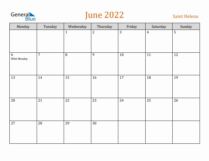 June 2022 Holiday Calendar with Monday Start