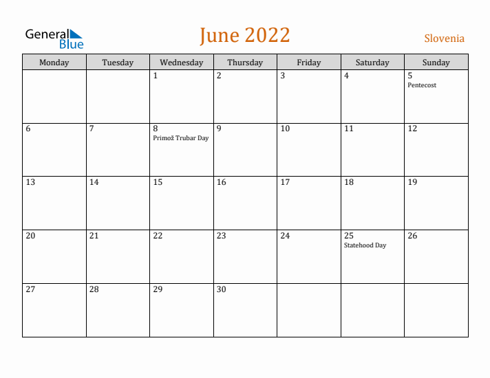 June 2022 Holiday Calendar with Monday Start