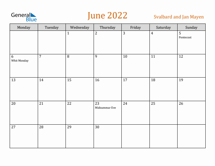 June 2022 Holiday Calendar with Monday Start