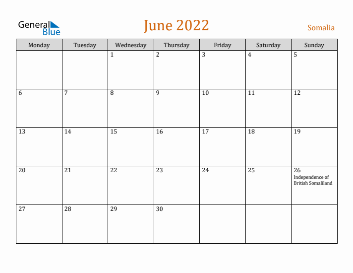 June 2022 Holiday Calendar with Monday Start