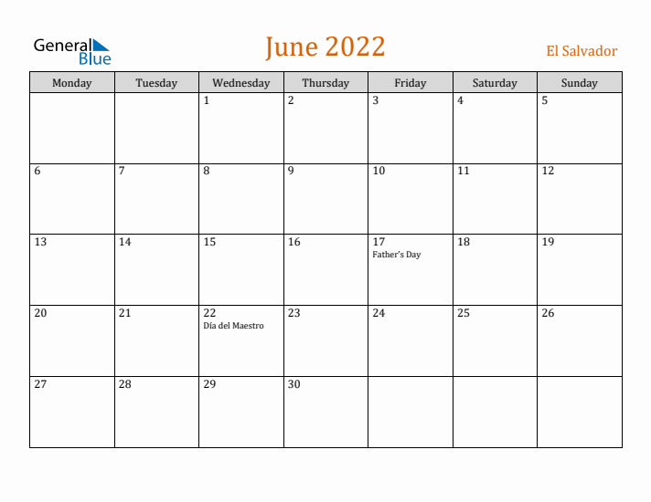 June 2022 Holiday Calendar with Monday Start