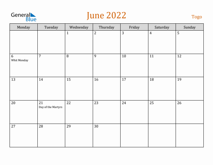 June 2022 Holiday Calendar with Monday Start