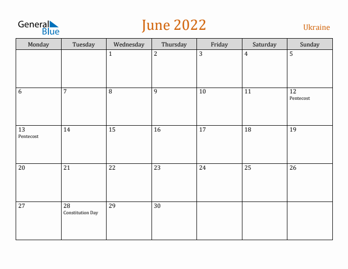 June 2022 Holiday Calendar with Monday Start