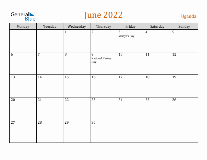 June 2022 Holiday Calendar with Monday Start