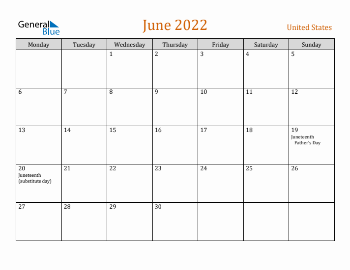 June 2022 Holiday Calendar with Monday Start