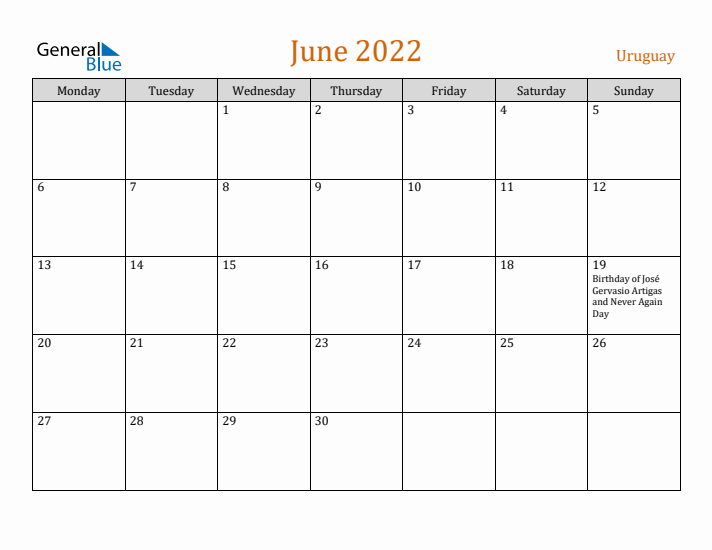 June 2022 Holiday Calendar with Monday Start