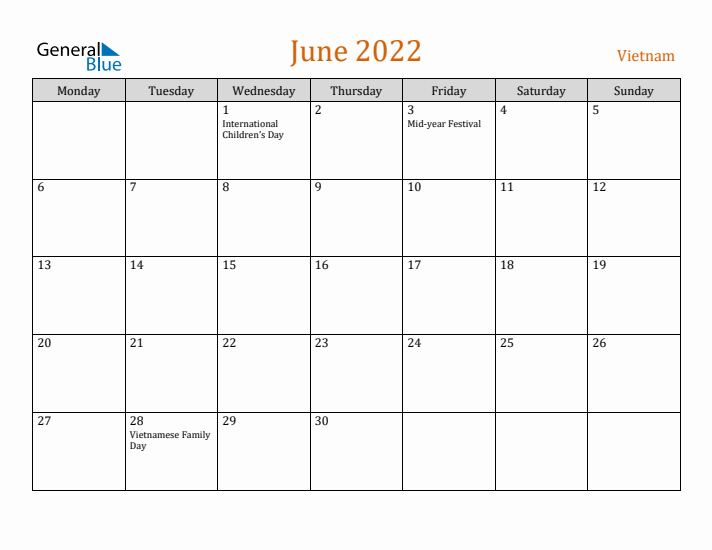 June 2022 Holiday Calendar with Monday Start