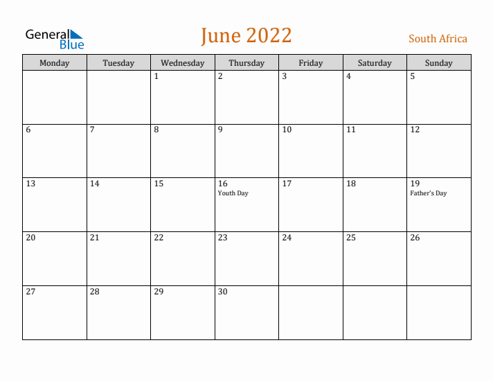 June 2022 Holiday Calendar with Monday Start