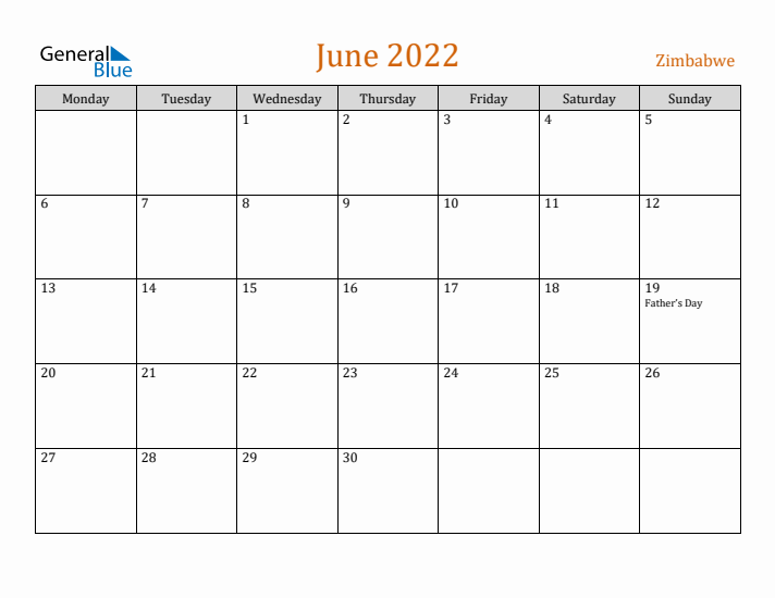 June 2022 Holiday Calendar with Monday Start