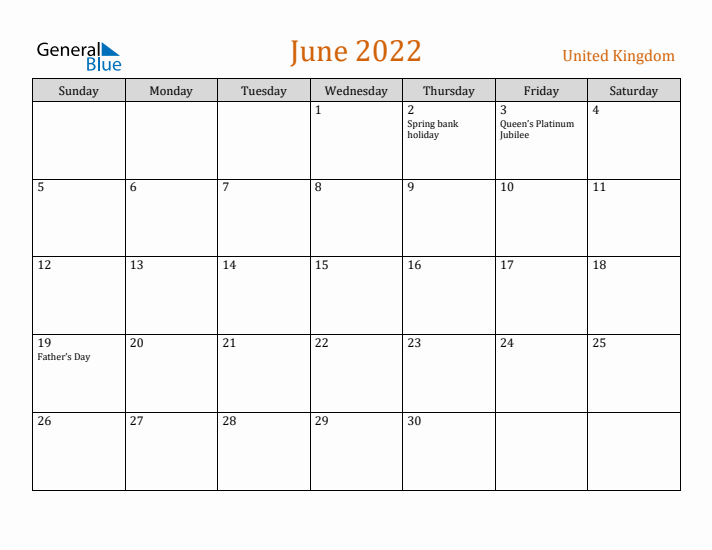 June 2022 Holiday Calendar with Sunday Start