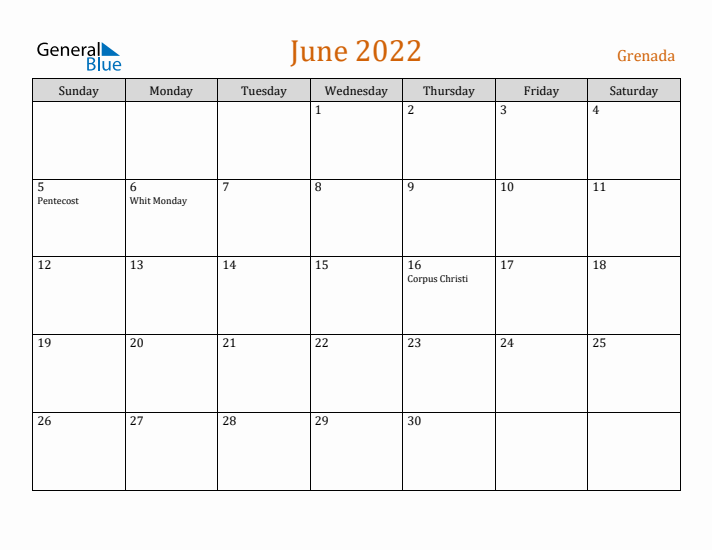 June 2022 Holiday Calendar with Sunday Start