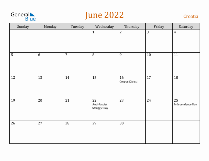 June 2022 Holiday Calendar with Sunday Start