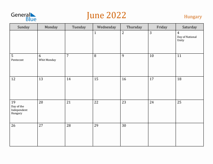 June 2022 Holiday Calendar with Sunday Start