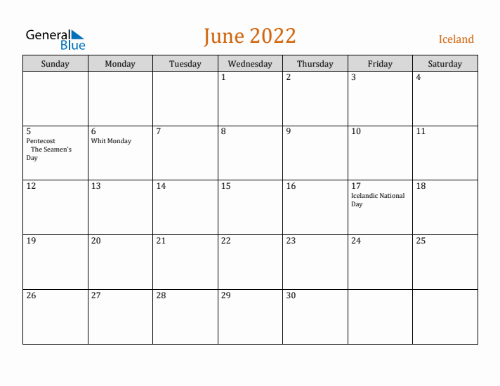 June 2022 Holiday Calendar with Sunday Start