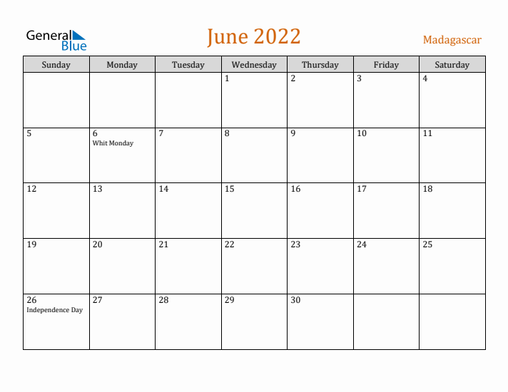 June 2022 Holiday Calendar with Sunday Start