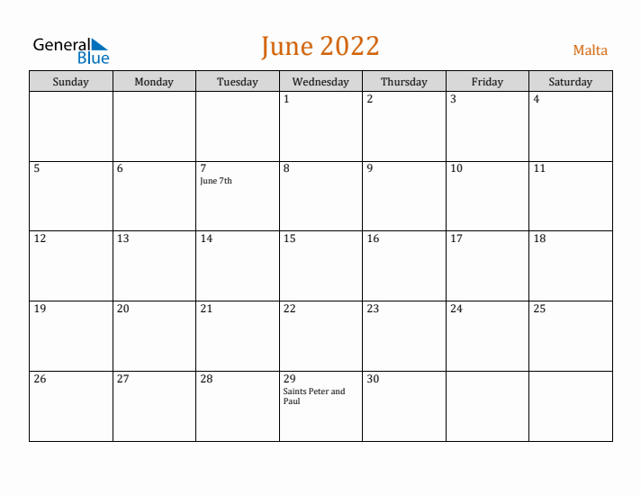 June 2022 Holiday Calendar with Sunday Start