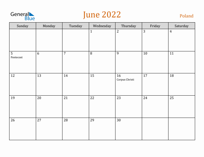 June 2022 Holiday Calendar with Sunday Start