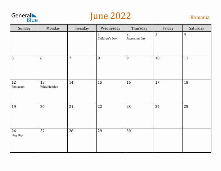 June 2022 Holiday Calendar with Sunday Start