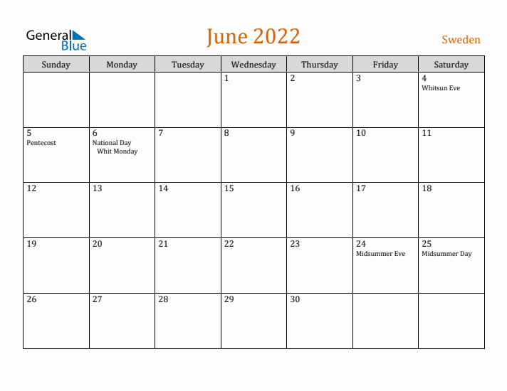 June 2022 Holiday Calendar with Sunday Start