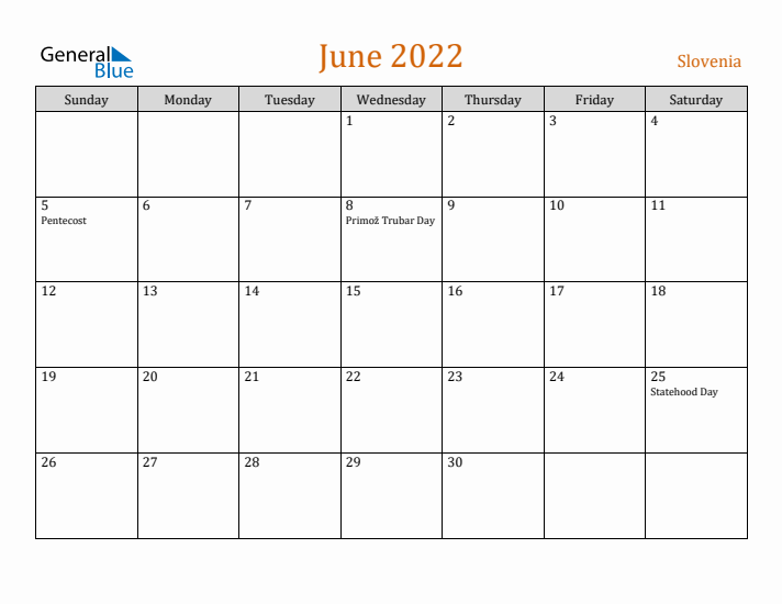 June 2022 Holiday Calendar with Sunday Start