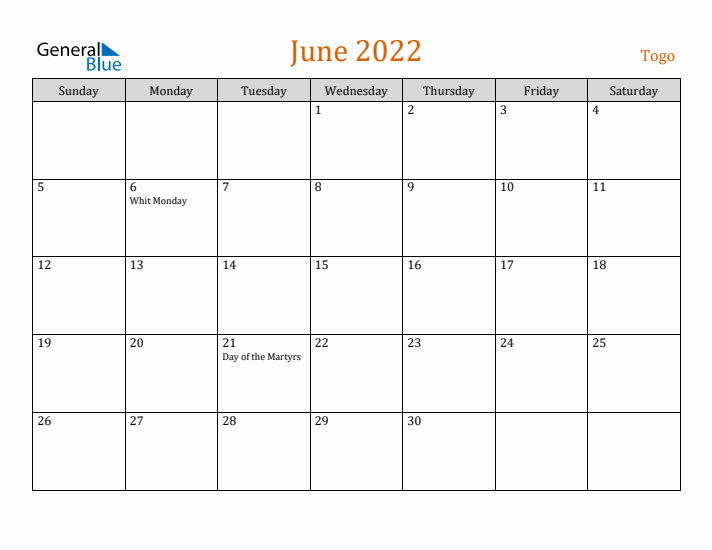 June 2022 Holiday Calendar with Sunday Start