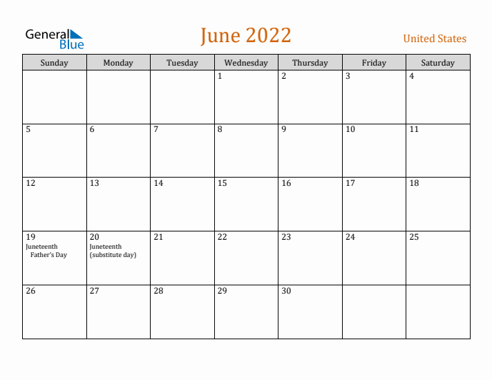 June 2022 Holiday Calendar with Sunday Start