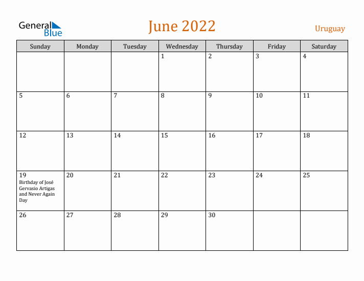 June 2022 Holiday Calendar with Sunday Start