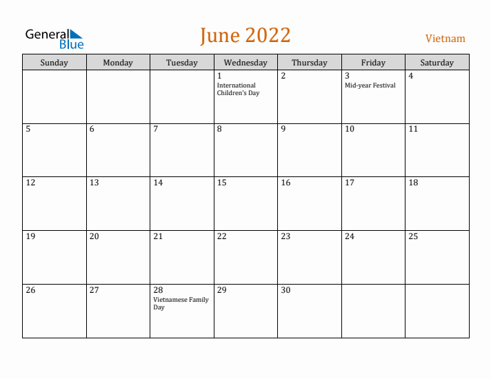 June 2022 Holiday Calendar with Sunday Start