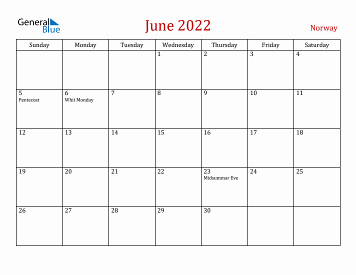 Norway June 2022 Calendar - Sunday Start