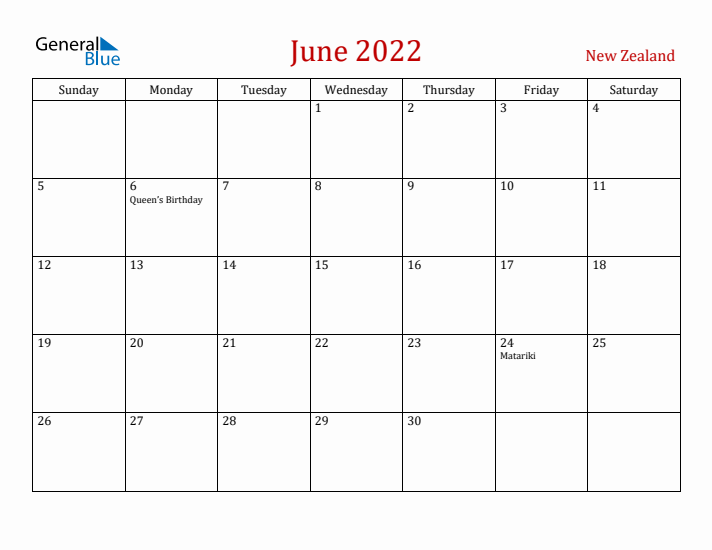 New Zealand June 2022 Calendar - Sunday Start