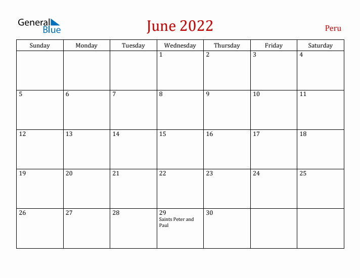 Peru June 2022 Calendar - Sunday Start