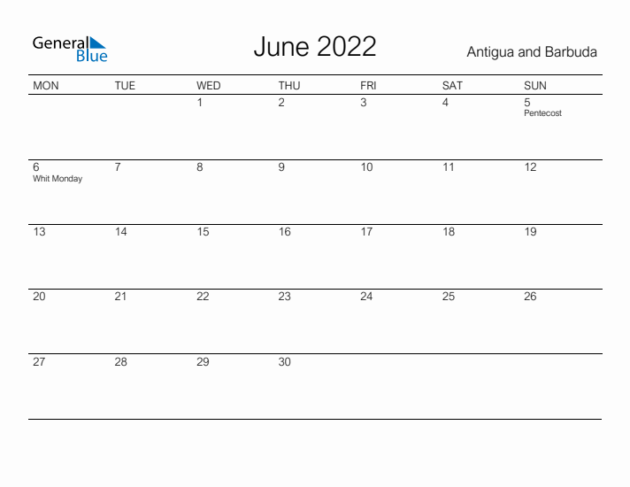 Printable June 2022 Calendar for Antigua and Barbuda