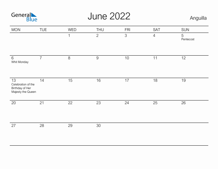 Printable June 2022 Calendar for Anguilla