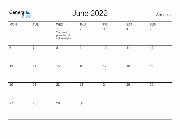 Printable June 2022 Calendar for Armenia