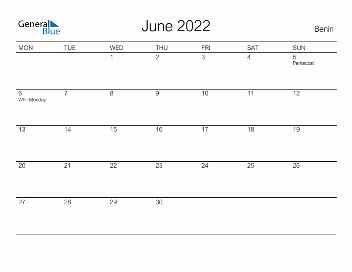 Printable June 2022 Calendar for Benin