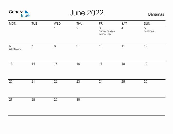 Printable June 2022 Calendar for Bahamas