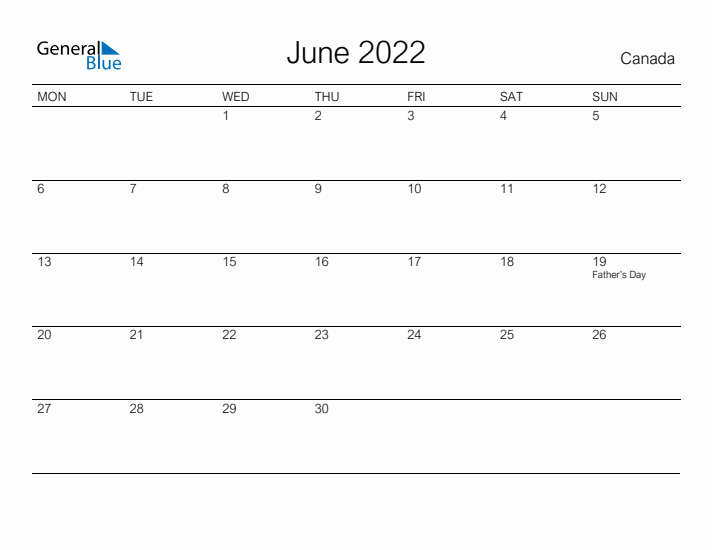 Printable June 2022 Calendar for Canada