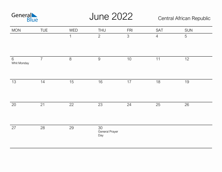 Printable June 2022 Calendar for Central African Republic