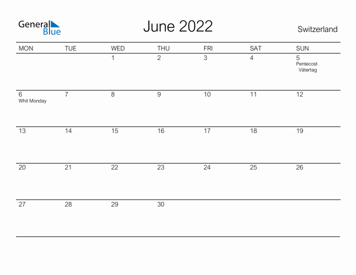 Printable June 2022 Calendar for Switzerland