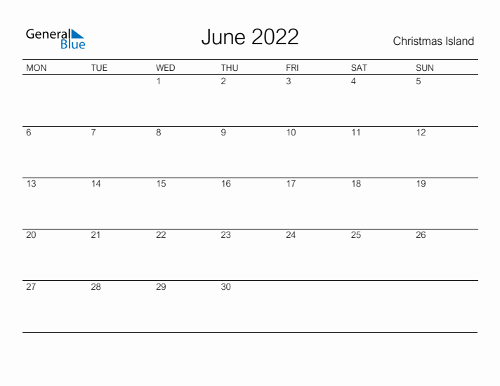 Printable June 2022 Calendar for Christmas Island