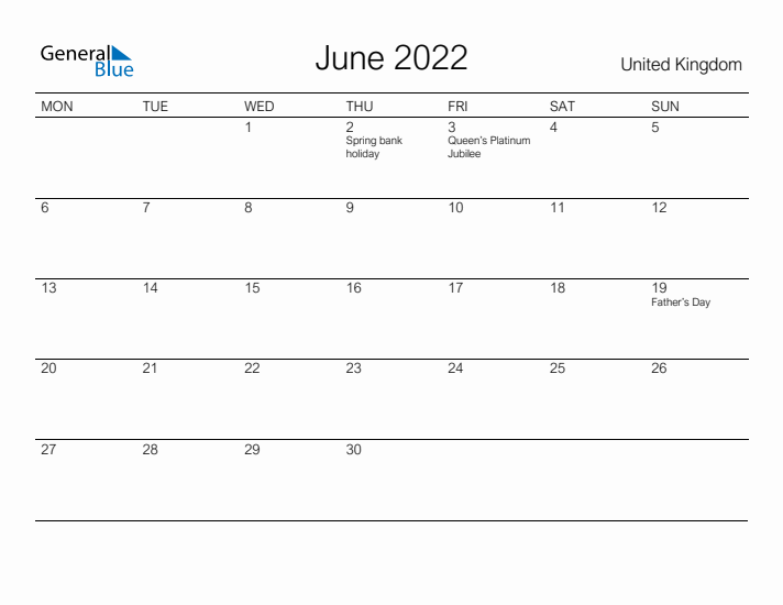 Printable June 2022 Calendar for United Kingdom