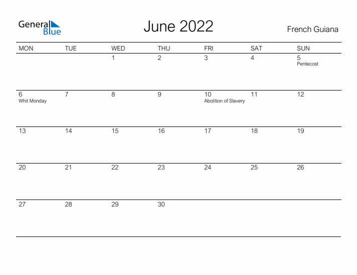 Printable June 2022 Calendar for French Guiana