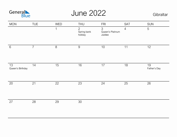 Printable June 2022 Calendar for Gibraltar