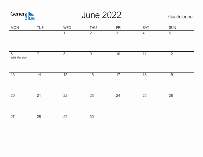 Printable June 2022 Calendar for Guadeloupe