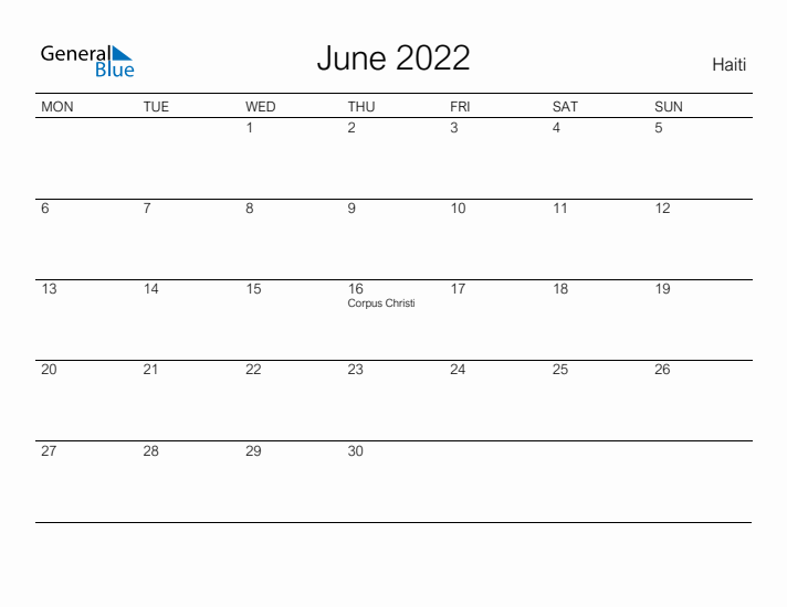 Printable June 2022 Calendar for Haiti