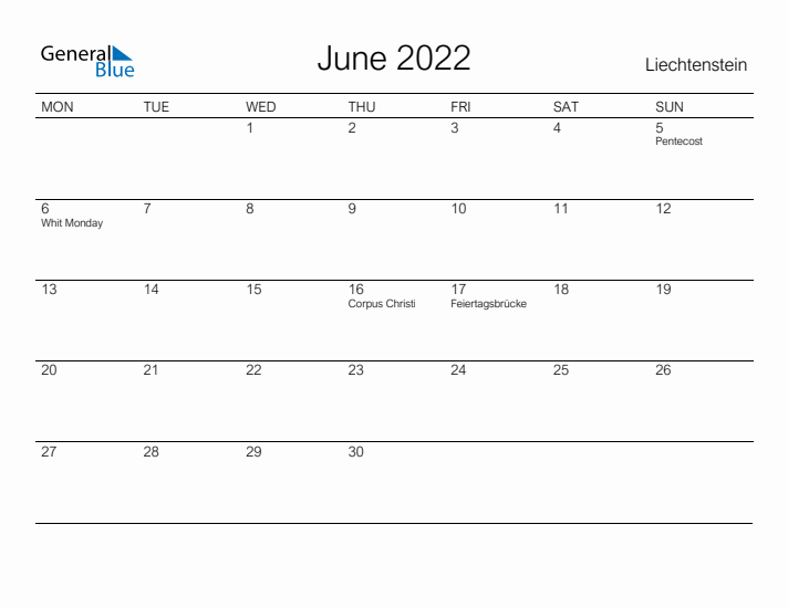 Printable June 2022 Calendar for Liechtenstein