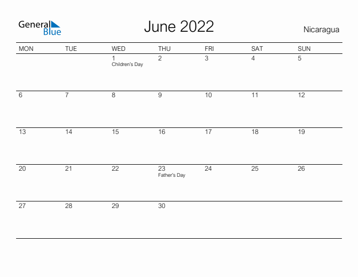 Printable June 2022 Calendar for Nicaragua