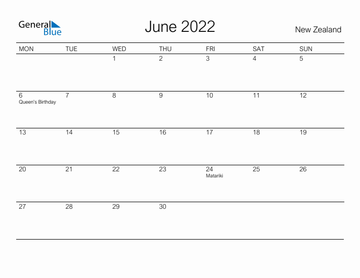 Printable June 2022 Calendar for New Zealand