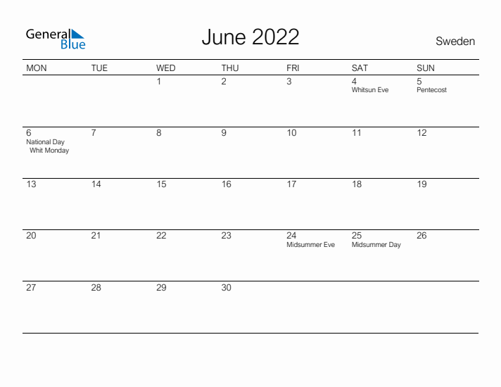 Printable June 2022 Calendar for Sweden